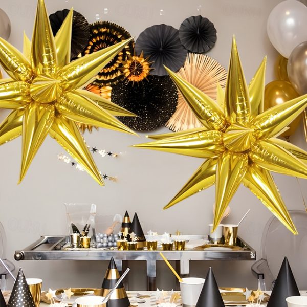 12pcs Star Balloons - 14 Corner Siamese Explosion Star Foil Balloons - 22-inch 3D Starburst Mylar Gold Balloons for Party Balloon Decorations 2024 - U