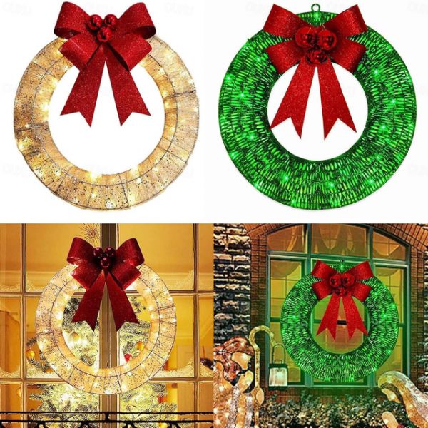 20inch Christmas Wreath with Light Iron Luminous Bow Garland LED Light-up Warm White Light Scene Decoration 30/40/50cm AA Battery Powered 2025 - US $2