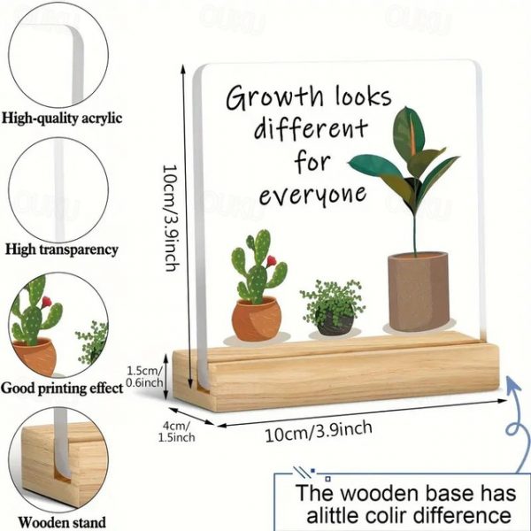 Acrylic Plaque with Wooden Base, 'Growth looks different for everyone' Inspirational Home Décor, Motivational Desk Ornament, Perfect Gift for Colleagu