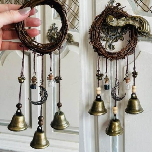 Bells for Door Knob for Protection, Witch Wind Chimes Door Hanger, Handmade Rattan Wind Chimes Witch Decor, Protection Witchcraft Home Decor-1pcs 2024