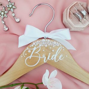Bride Wedding Dress Hanger, Wooden Bridal Hanger with Pearls and Bow, Personalized Custom Name Hanger for Wedding Gown, Bridal Shower Gift, Bride Coat