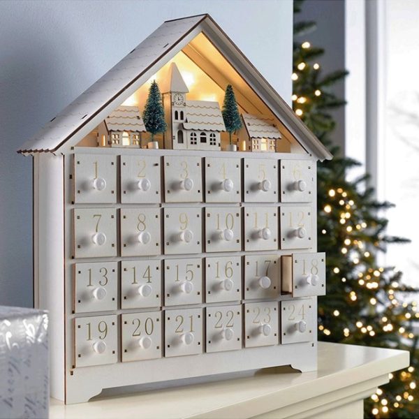 Christmas Advent Calendars Wood House LED Lights 24 Days Countdown Storage Organization Figurines Room Home Decor 2024 News 2024 - US $27.99