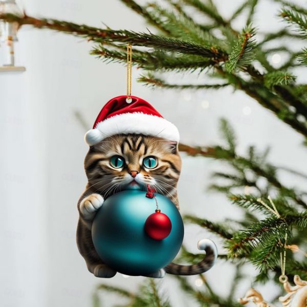 Christmas Cat Ornament,Acrylic 2D Flat Printed Xmas Tree Ornament and Car Rear View Mirror Accessories for Cat Lover 2025 - US $5.49