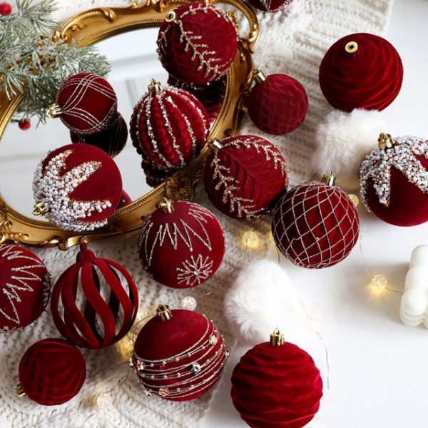 Christmas Tree Decoration Ball Christmas Painting Ball Flocked Dark Red Christmas Ball Pearl Diy Hanging Decoration Scene Layout 2025 - US $16.99