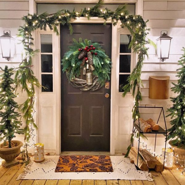Christmas Wreath Boho Wreath, 17.7'' Artificial Golden Bell Wreath, Xmas Tree Front Door Hanging Garland, Handmade Pine Ring Grapevine Wreath, Celebra