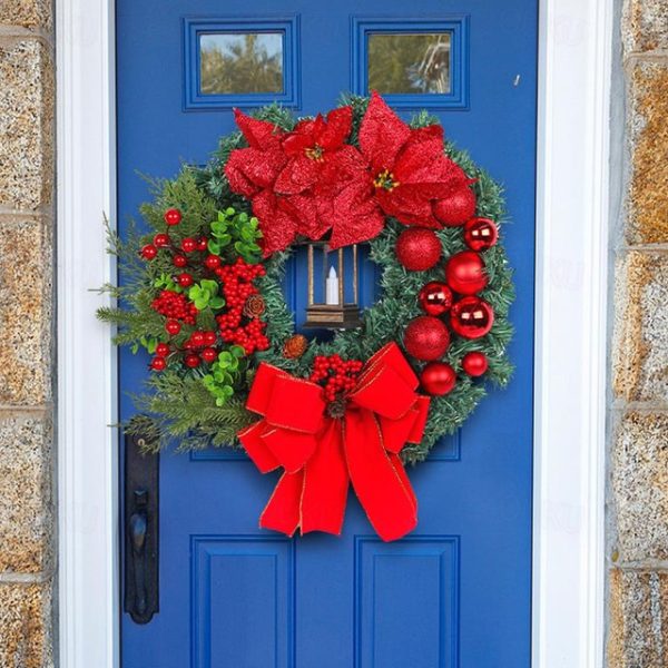 Christmas Wreaths with Light for Front Door, Xmas Wreaths with Bow Ribbon, Winter Garlands Wreath for Outdoor Indoor Window Mantle Christmas Decoratio