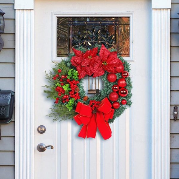 Christmas Wreaths with Light for Front Door, Xmas Wreaths with Bow Ribbon, Winter Garlands Wreath for Outdoor Indoor Window Mantle Christmas Decoratio