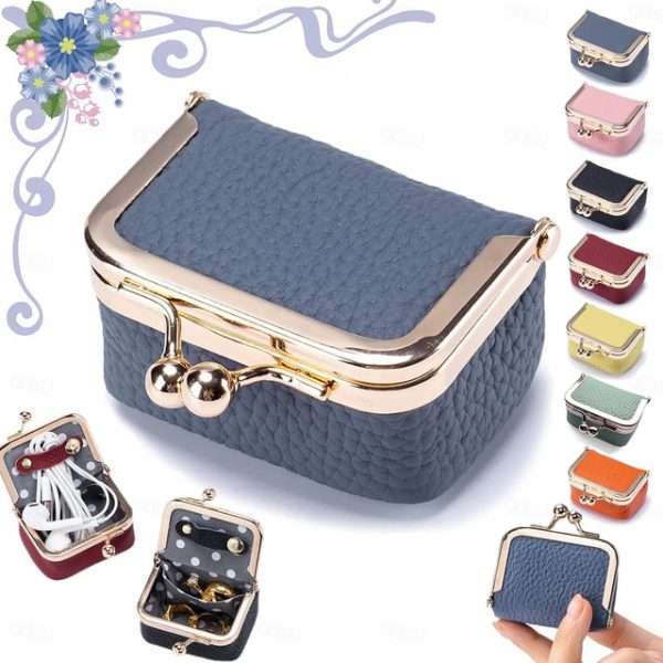 Genuine Leather Mini Jewelry Box, Portable Vintage-inspired Genuine Leather Coin Purse Jewelry Case with Kiss Lock, Mini Travel Ring Box for Women for