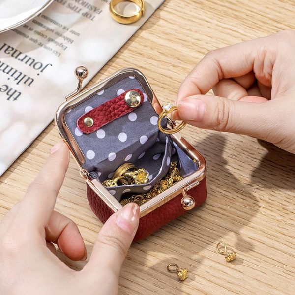 Genuine Leather Mini Jewelry Box, Portable Vintage-inspired Genuine Leather Coin Purse Jewelry Case with Kiss Lock, Mini Travel Ring Box for Women for