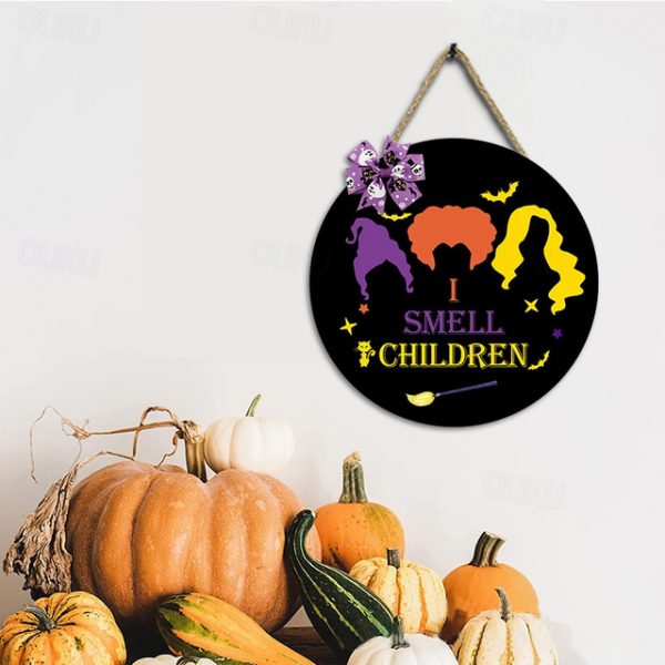 Halloween Door Sign Hocus Pocus Decor - I Smell Children Wall Decor - Wooden Door Hangers Wreath with Bow for Halloween Decorations Indoor Party Suppl