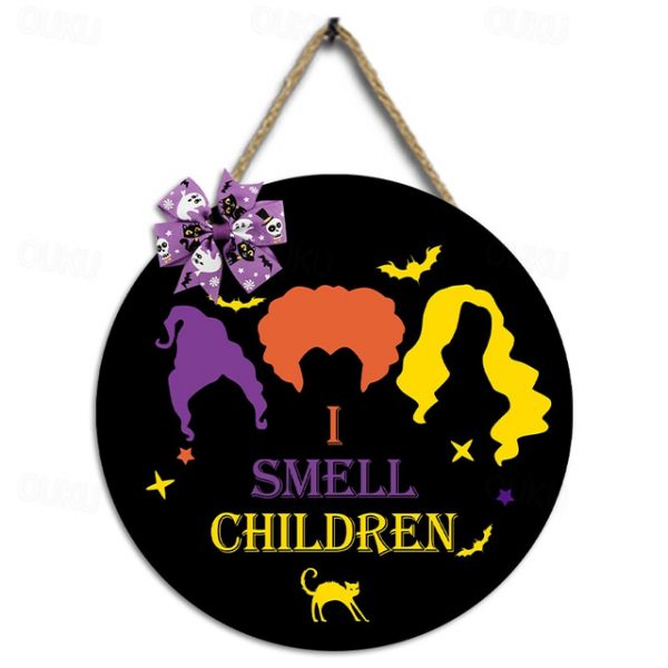 Halloween Door Sign Hocus Pocus Decor - I Smell Children Wall Decor - Wooden Door Hangers Wreath with Bow for Halloween Decorations Indoor Party Suppl