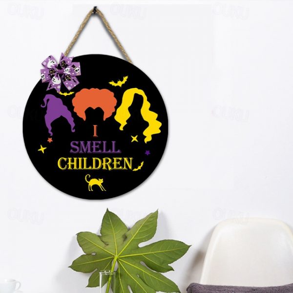 Halloween Door Sign Hocus Pocus Decor - I Smell Children Wall Decor - Wooden Door Hangers Wreath with Bow for Halloween Decorations Indoor Party Suppl