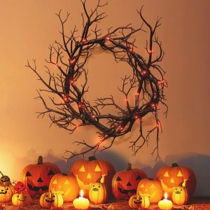 Halloween Wreath Decoration for Front Door Orange Lights Glitter Black Branch Wreath Halloween Decorations Home Indoor Outdoor Party Wall Decor Vintag