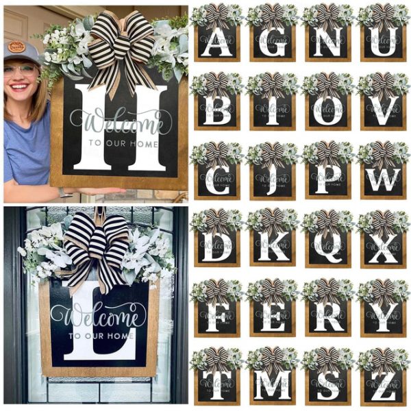 Initial Last Name Year Round Front Door Wreath Welcome Sign Garland Personalized Creative 26 Letter Farmhouse Wreath for Front Door Spring All Seasons