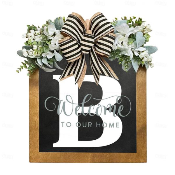 Initial Last Name Year Round Front Door Wreath Welcome Sign Garland Personalized Creative 26 Letter Farmhouse Wreath for Front Door Spring All Seasons