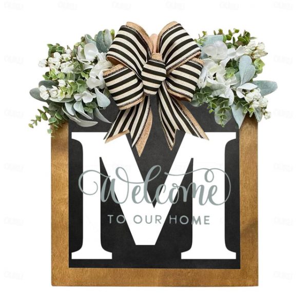 Initial Last Name Year Round Front Door Wreath Welcome Sign Garland Personalized Creative 26 Letter Farmhouse Wreath for Front Door Spring All Seasons