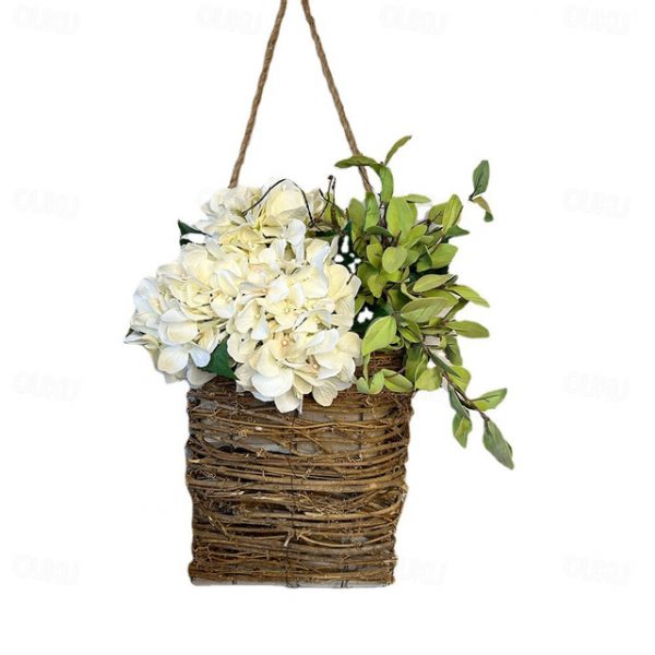 Spring Wreath Floral Artificial Hydrangea and Vine Basket Door Hanging Decoration with Rustic Twigs for Front Door, Porch, Living Room, Cafe, and Wedd